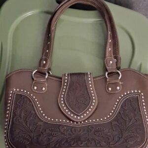Montana West Brown Tooled Leather Embossed Shoulder Bag
